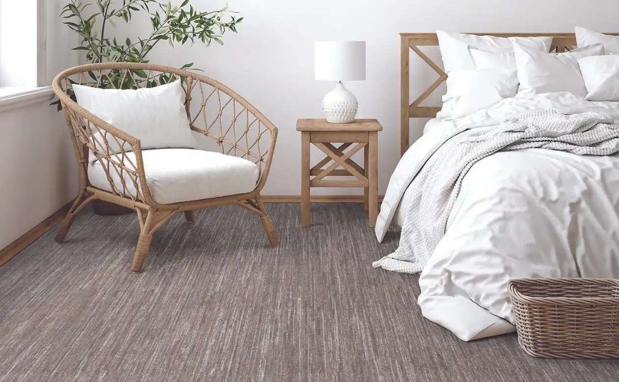 Brown Berber carpet with wicker bedroom set. 